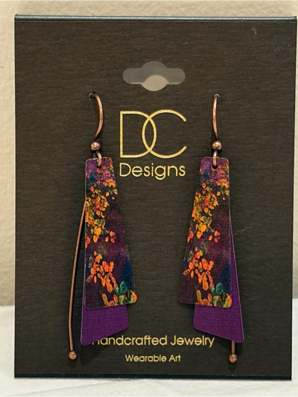 NWT DC Designs Handcrafted Purple Floral Layered Drop Earrings